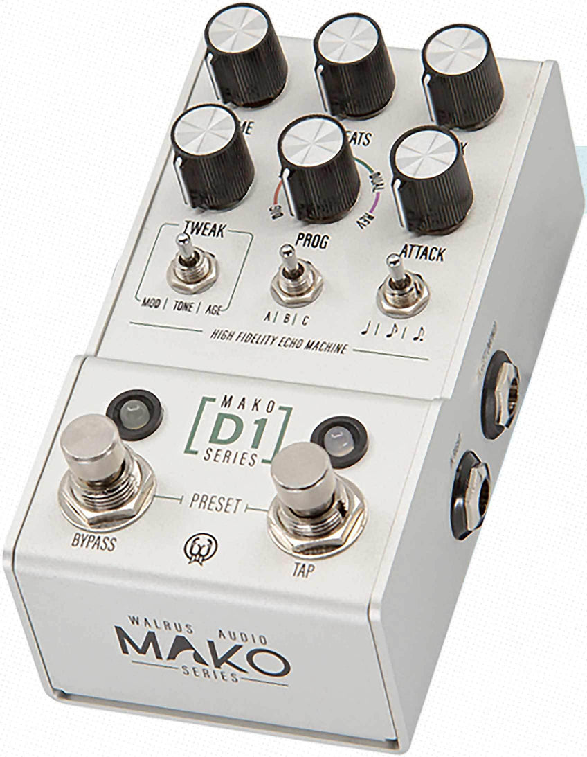 3/4 top and side view of the D1 Stereo Delay pedal